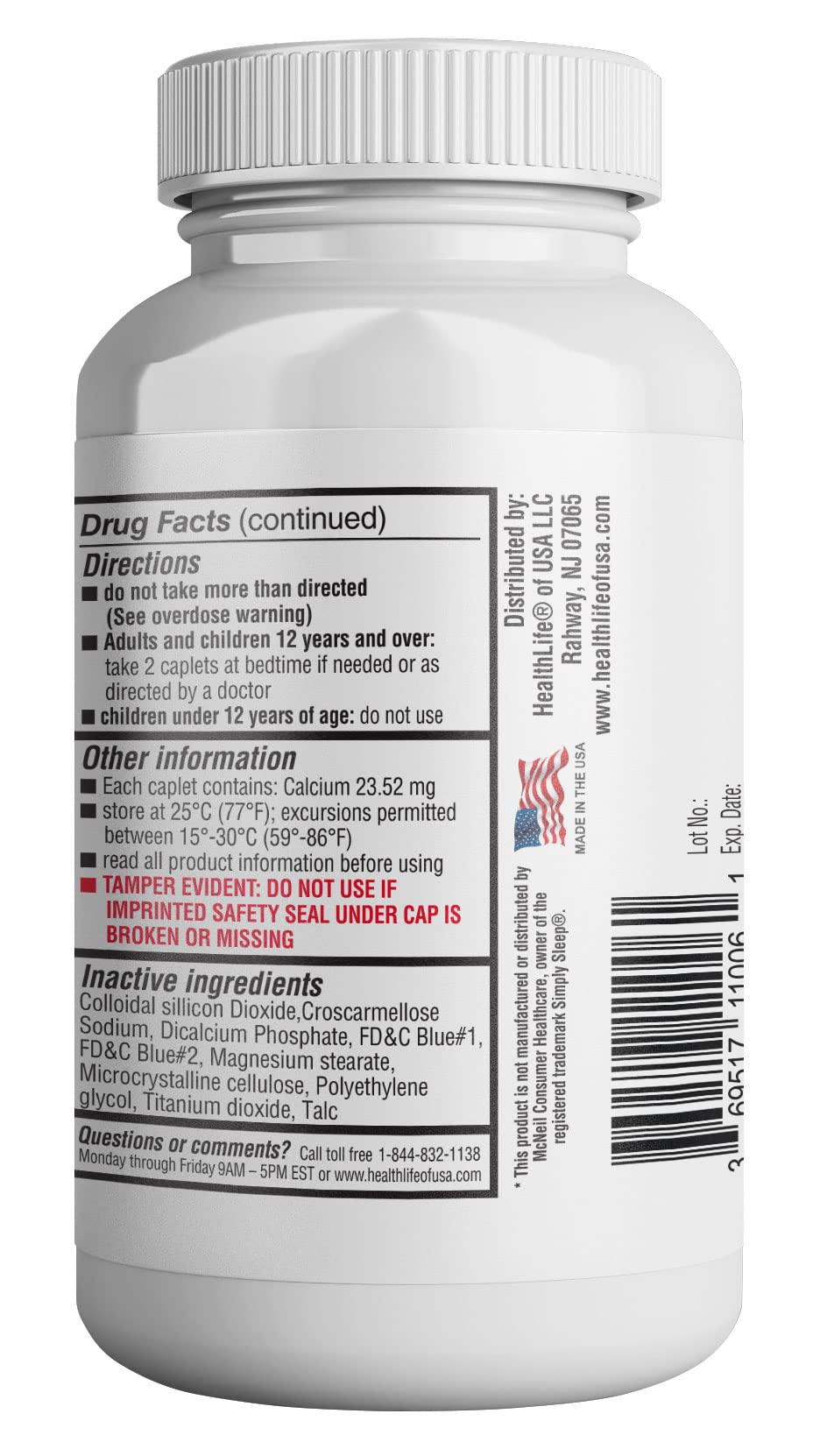 HealthLFE HealthPharma Nighttime Sleep-Aid 25 mg Diphenhydramine HCl Caplets - 600 Count