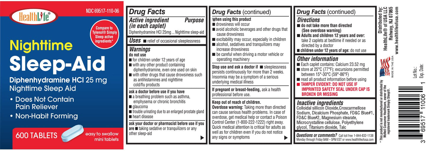 HealthLFE HealthPharma Nighttime Sleep-Aid 25 mg Diphenhydramine HCl Caplets - 600 Count