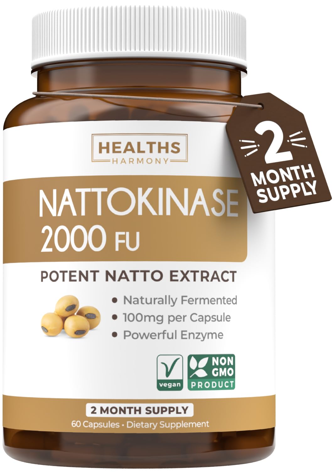 Healths Harmony Nattokinase 2000 FU (Non-GMO) Powerful Nattokinase Supplement Made from Naturally Fermented Soybeans - (2 Month Supply) 60 Vegan Natto Capsules