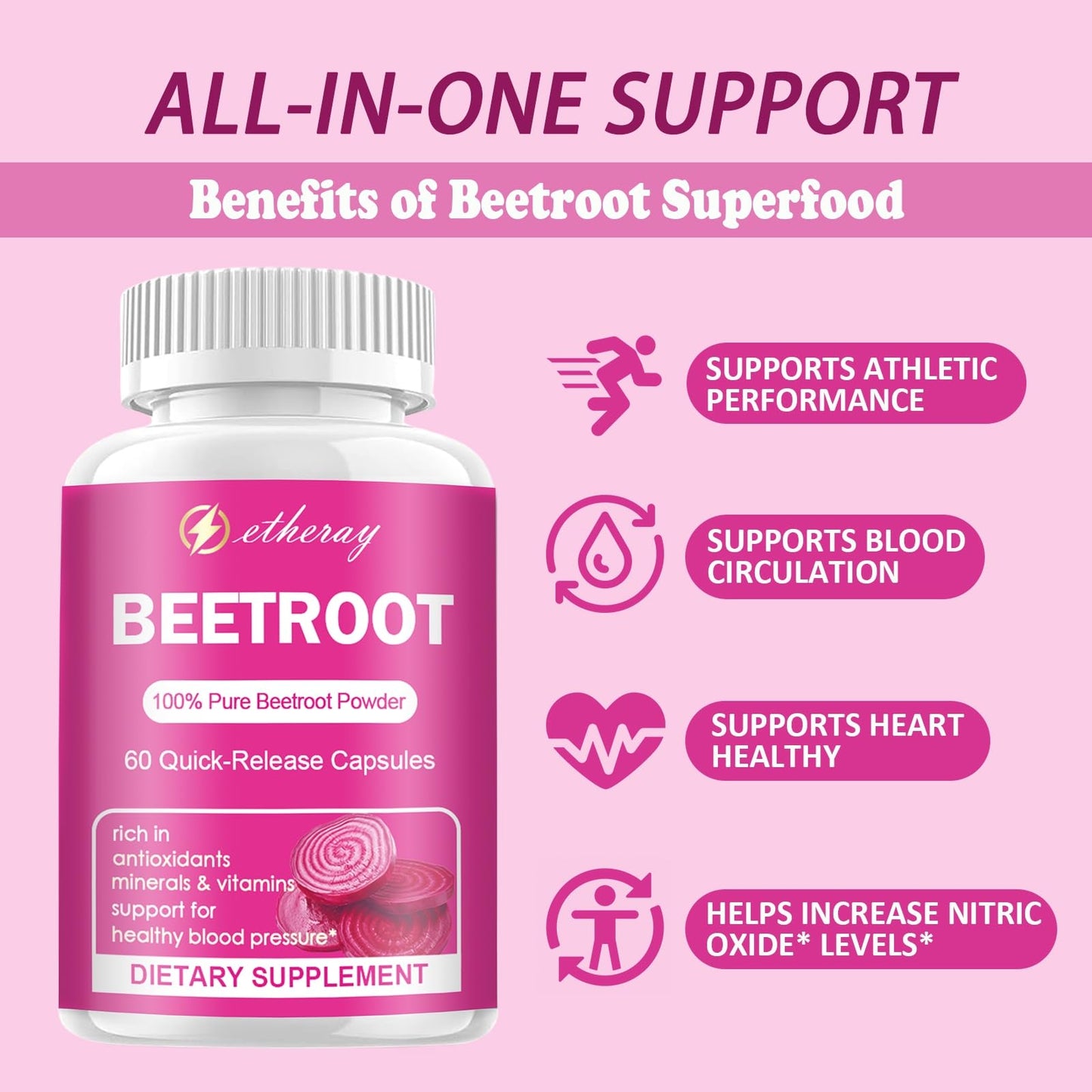 Etheray Beetroot Capsules - 1300mg per Serving | Organic Beetroot Powder - 60 Capsules