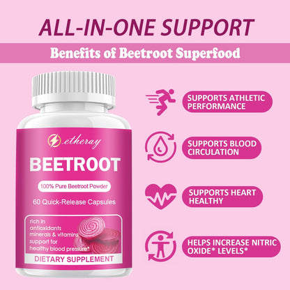 Etheray Beetroot Capsules - 1300mg per Serving | Organic Beetroot Powder - 60 Capsules