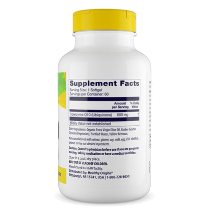 Healthy Origins CoQ10 600 mg – Yeast-Fermented, Non-GMO, 60 Softgels | Heart Health & Cellular Energy