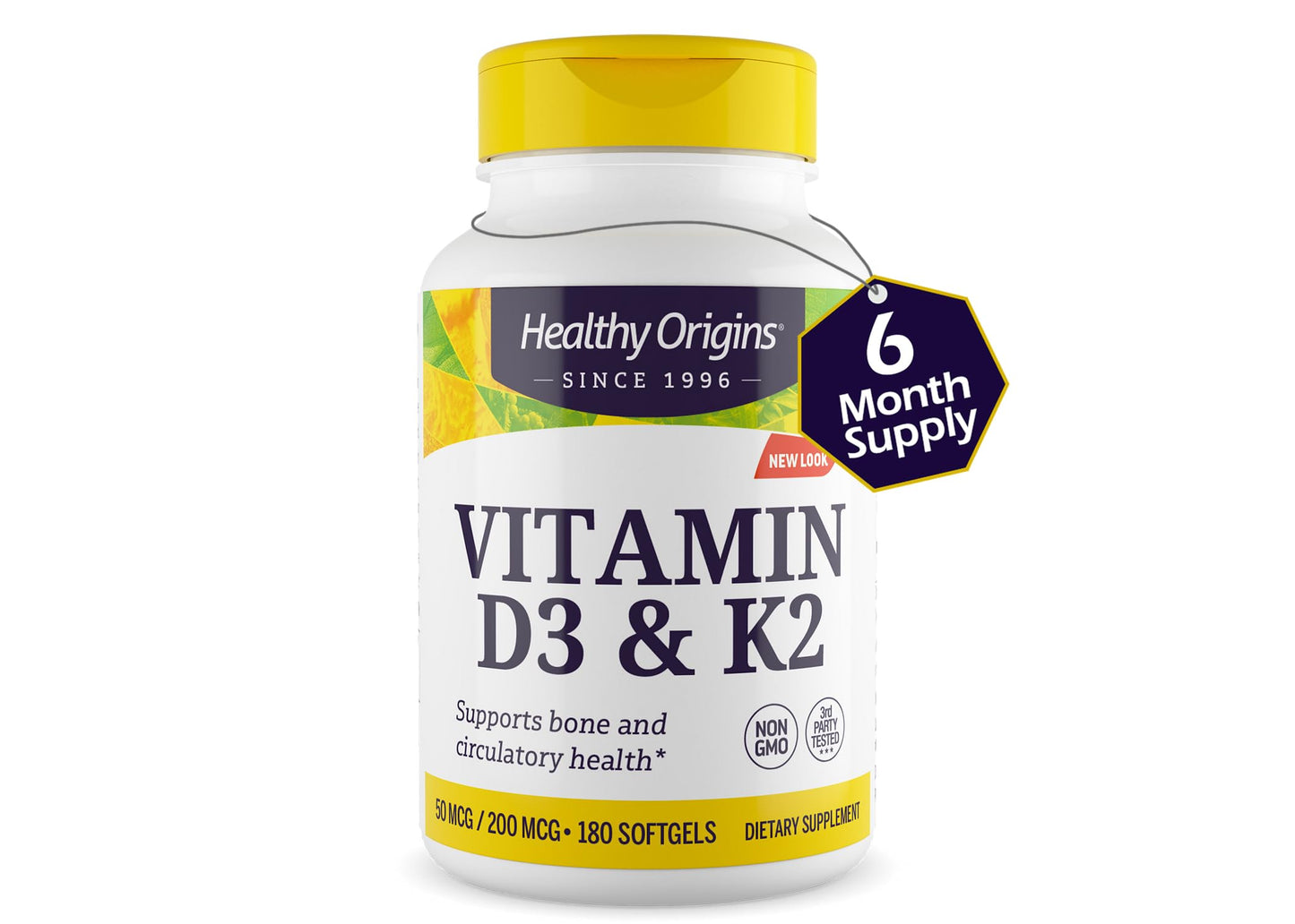 Healthy Origins Vitamin D3 2000 IU (50 mcg) & K2 200 mcg — Non-GMO, 3rd-Party Tested, Bone & Cardiovascular Support, 180 Softgels