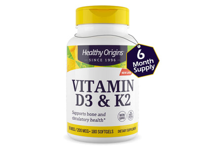 Healthy Origins Vitamin D3 2000 IU (50 mcg) & K2 200 mcg — Non-GMO, 3rd-Party Tested, Bone & Cardiovascular Support, 180 Softgels