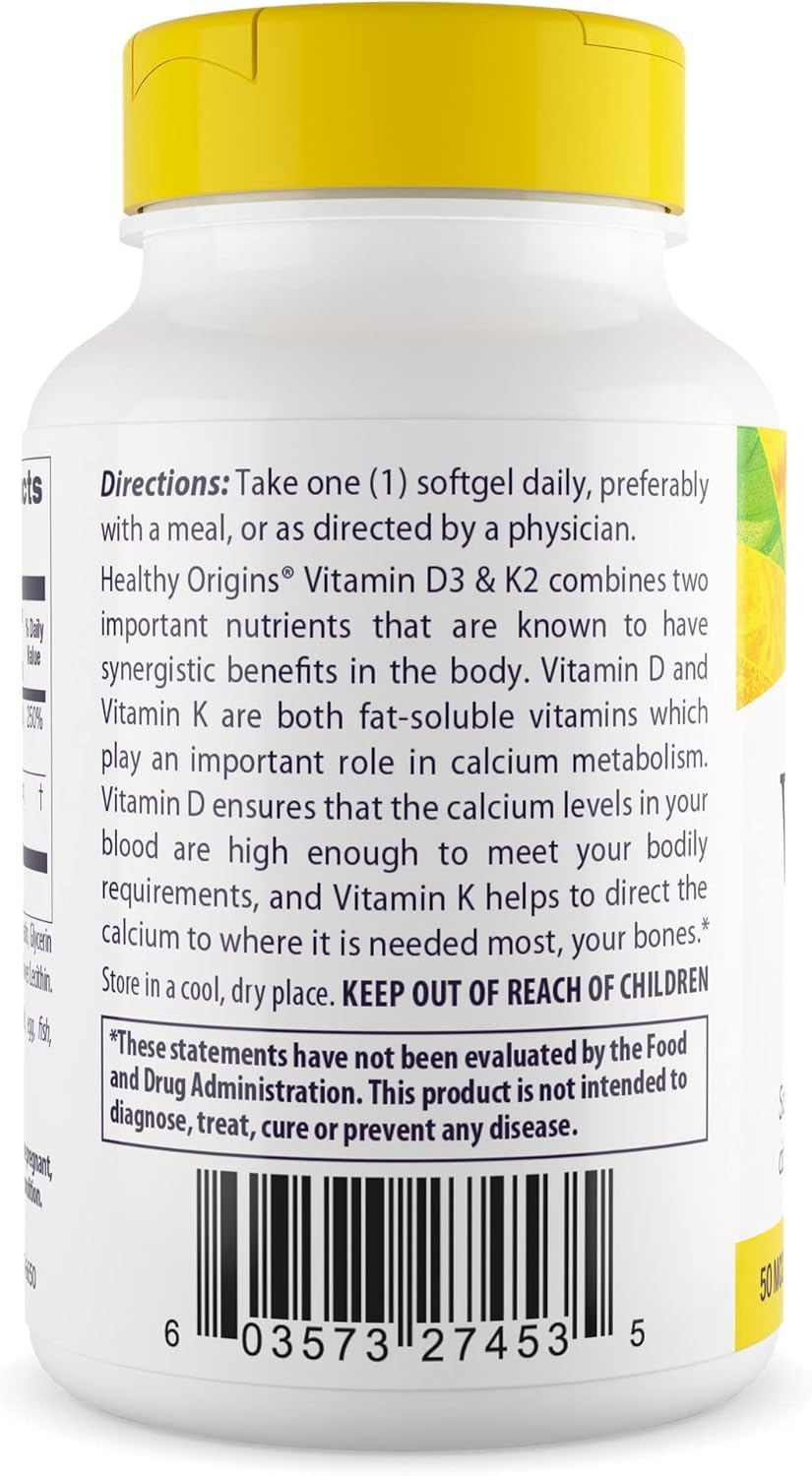 Healthy Origins Vitamin D3 2000 IU (50 mcg) & K2 200 mcg — Non-GMO, 3rd-Party Tested, Bone & Cardiovascular Support, 180 Softgels