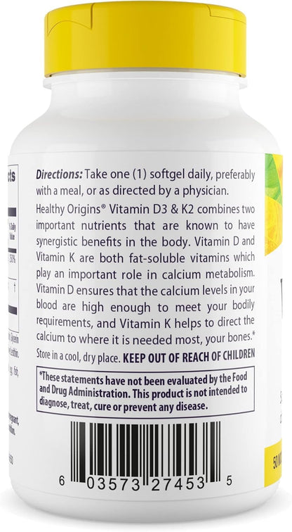 Healthy Origins Vitamin D3 2000 IU (50 mcg) & K2 200 mcg — Non-GMO, 3rd-Party Tested, Bone & Cardiovascular Support, 180 Softgels