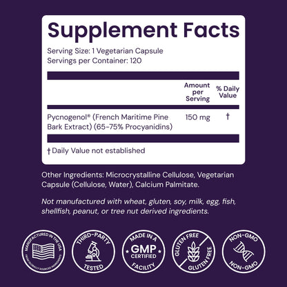Healthy Origins Pycnogenol 150 mg – French Maritime Pine Bark Extract – 120 Veggie Capsules
