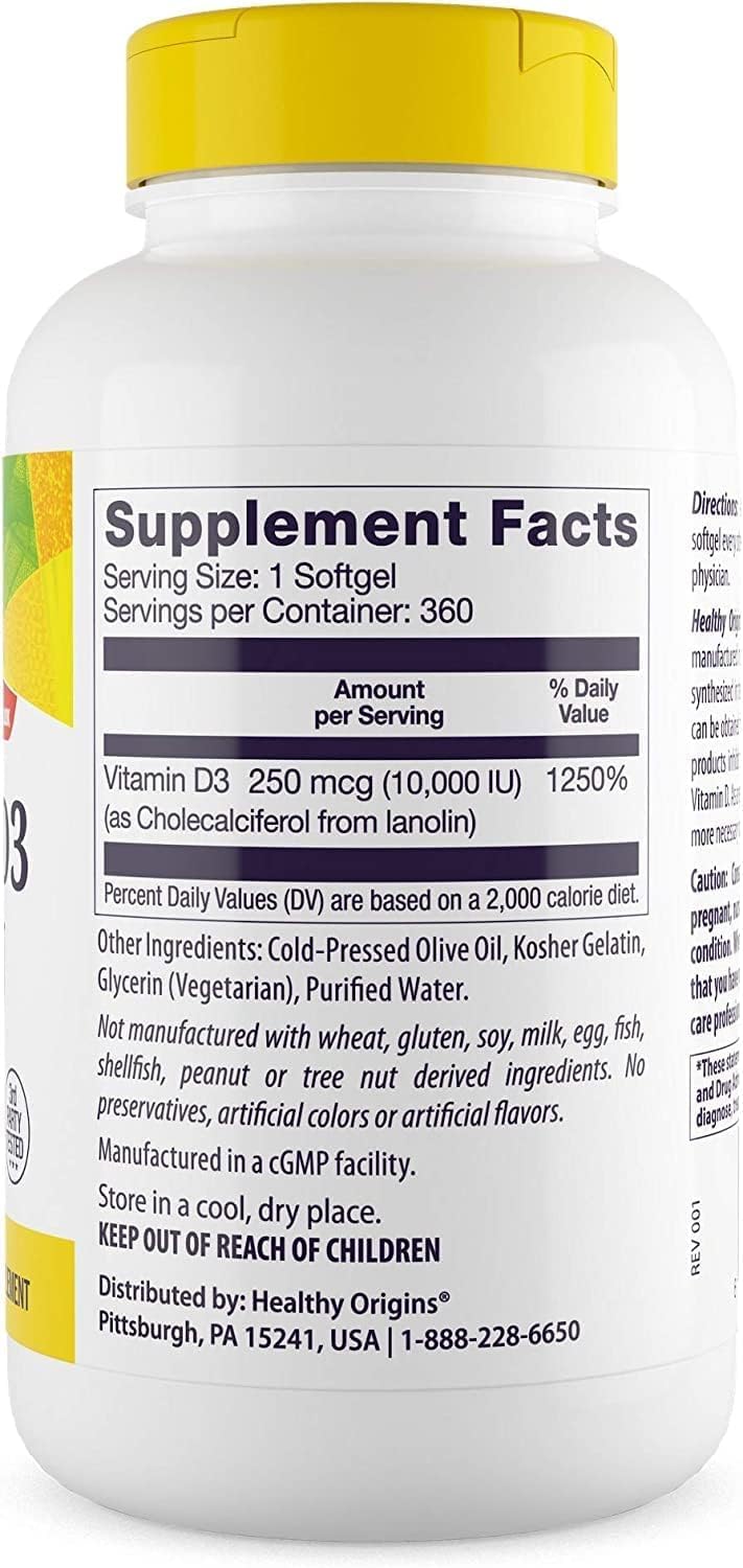 Healthy Origins Vitamin D3 10,000 IU - Non-GMO, High Potency, 360 Softgels