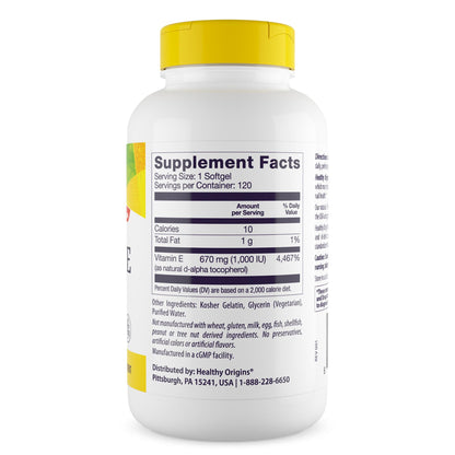 Healthy Origins Vitamin E 1,000 IU Natural Mixed Tocopherols – Gluten-Free & Non-GMO | 120 Softgels