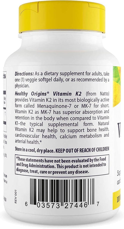 Healthy Origins Vitamin K2 100 mcg MK-7 – Non-GMO, Gluten Free, Bone & Cardiovascular Support | 180 Veggie Gels