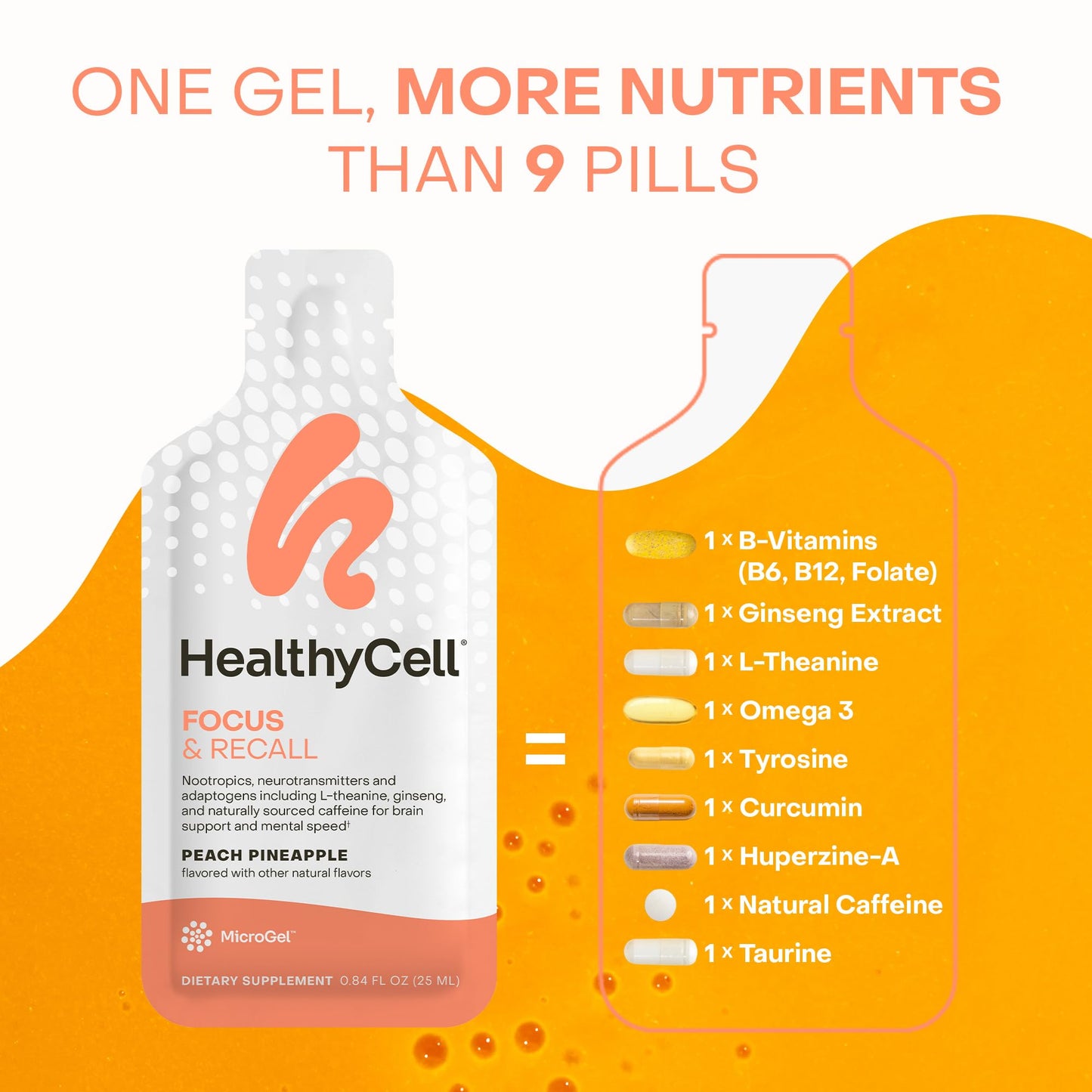 HealthyCell Focus & Recall | Daily Liquid Brain Supplement for Focus & Memory (30 Gel Packs)