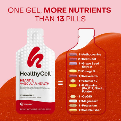 HealthyCell Heart & Vascular Health Daily Liquid Supplement – Beet Root, CoQ10, Resveratrol, Omega-3, Vitamin K2 | 30 Gel Packs