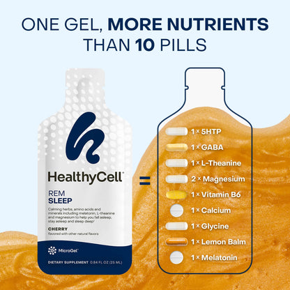 HealthyCell REM Sleep Aid – Extra-Strength Liquid Gel Sleep Support for Adults | Melatonin, Magnesium, L-Theanine, GABA, Cherry Flavor, 30 Gel Packs