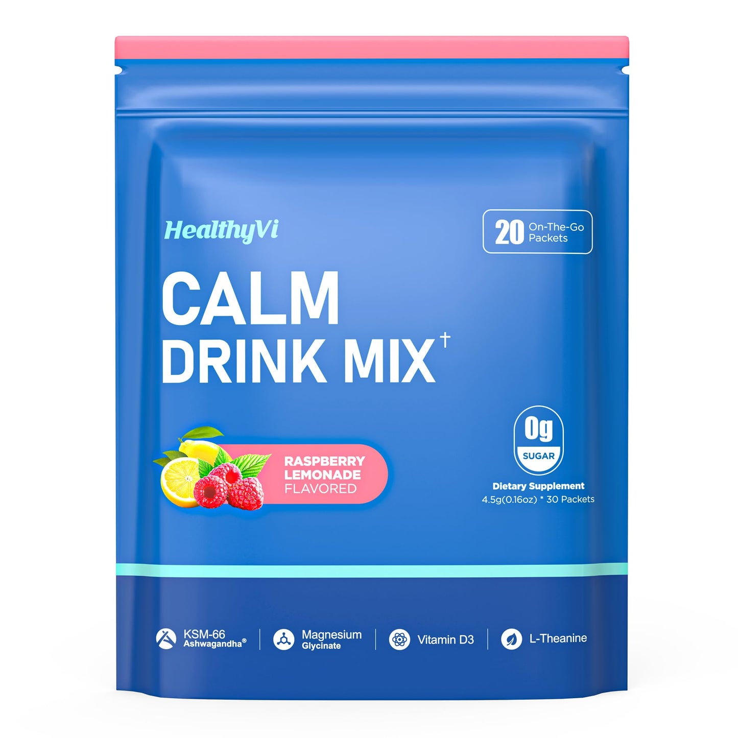 HealthyVi Calm Powdered Drink Mix with L-Theanine, KSM-66 Ashwagandha & Magnesium – Raspberry Lemonade