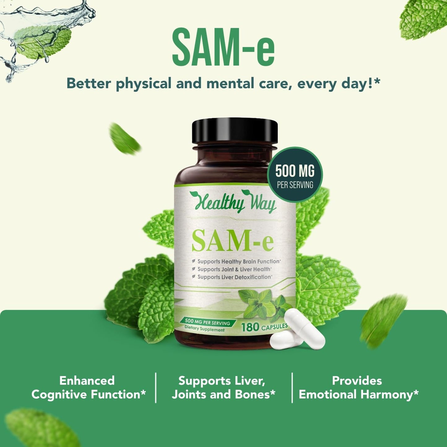 HealthyWayRx 500mg SAM-e Supplement – High Absorption 180 Capsules | Brain, Mood & Liver Support | Non-GMO