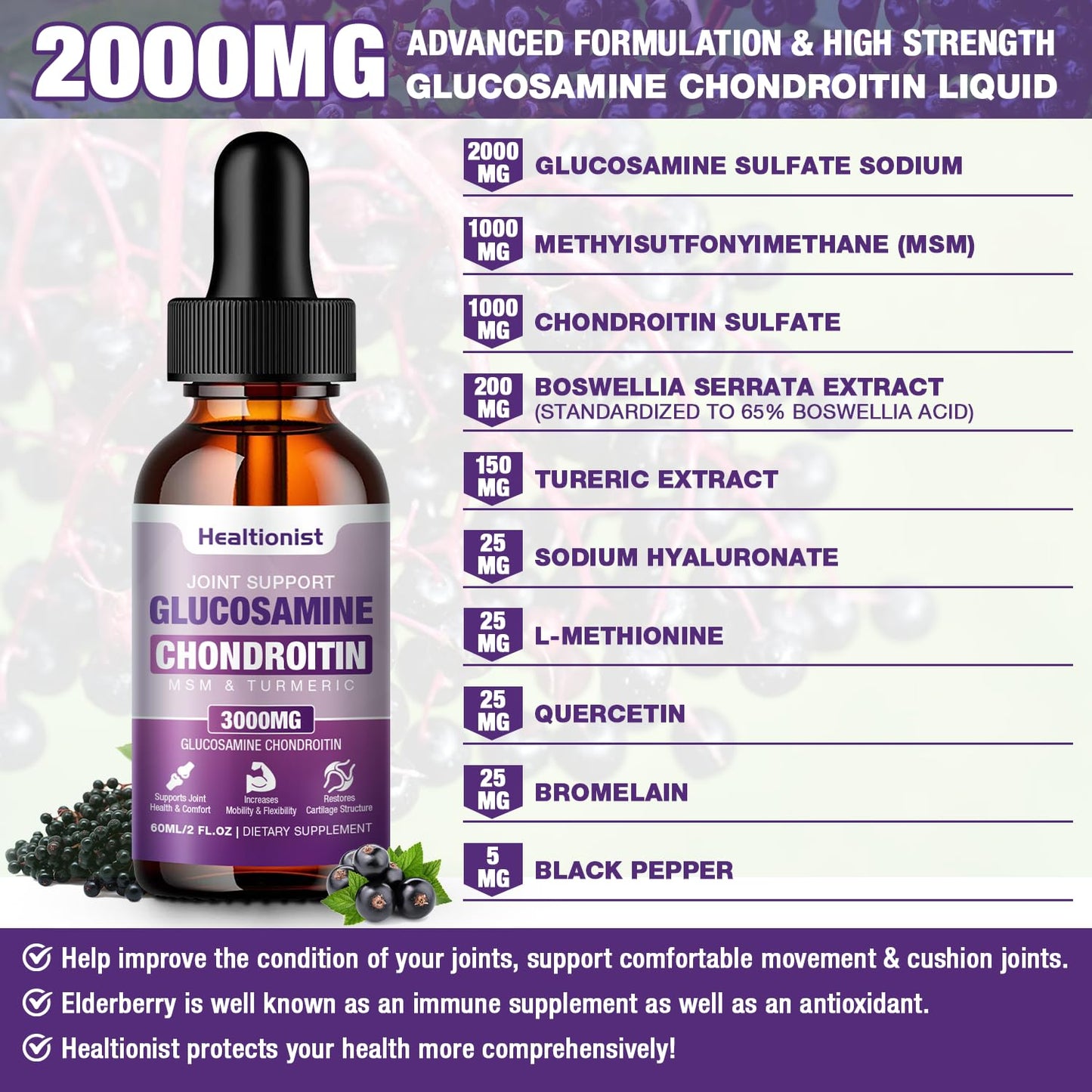 Healtionist 2 Pack Glucosamine Chondroitin MSM Liquid Drops - Extra Strength Joint Support (4 oz)