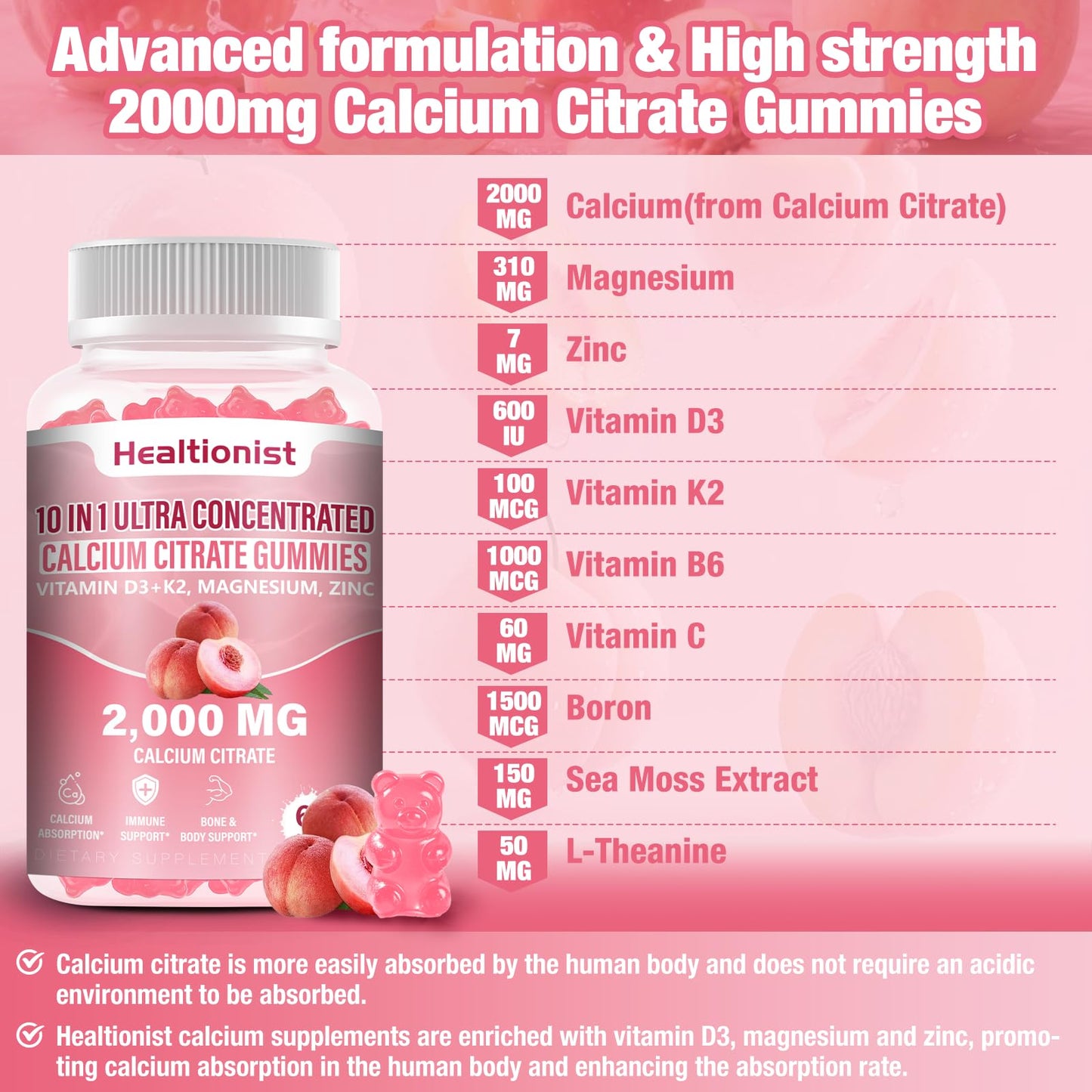 Healtionist 2000mg Calcium Citrate Gummies – D3 & K2, Peach Flavor