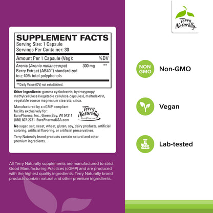 Terry Naturally Aronia Berry 300 – Antioxidant Support for Heart & Cellular Health – Vegan & Gluten-Free – 30 Capsules