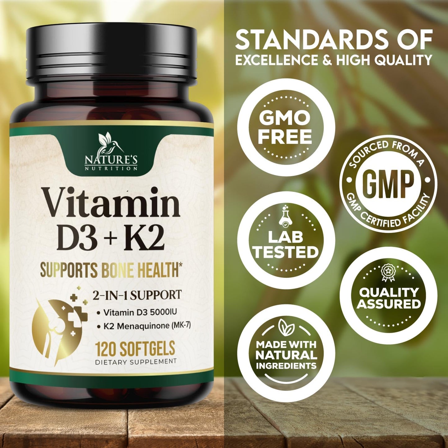 Vitamin D3 K2 5000 IU Plus MK-7 100 mcg – Bone, Immune & Heart Health | 120 Softgels