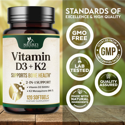 Vitamin D3 K2 5000 IU Plus MK-7 100 mcg – Bone, Immune & Heart Health | 120 Softgels