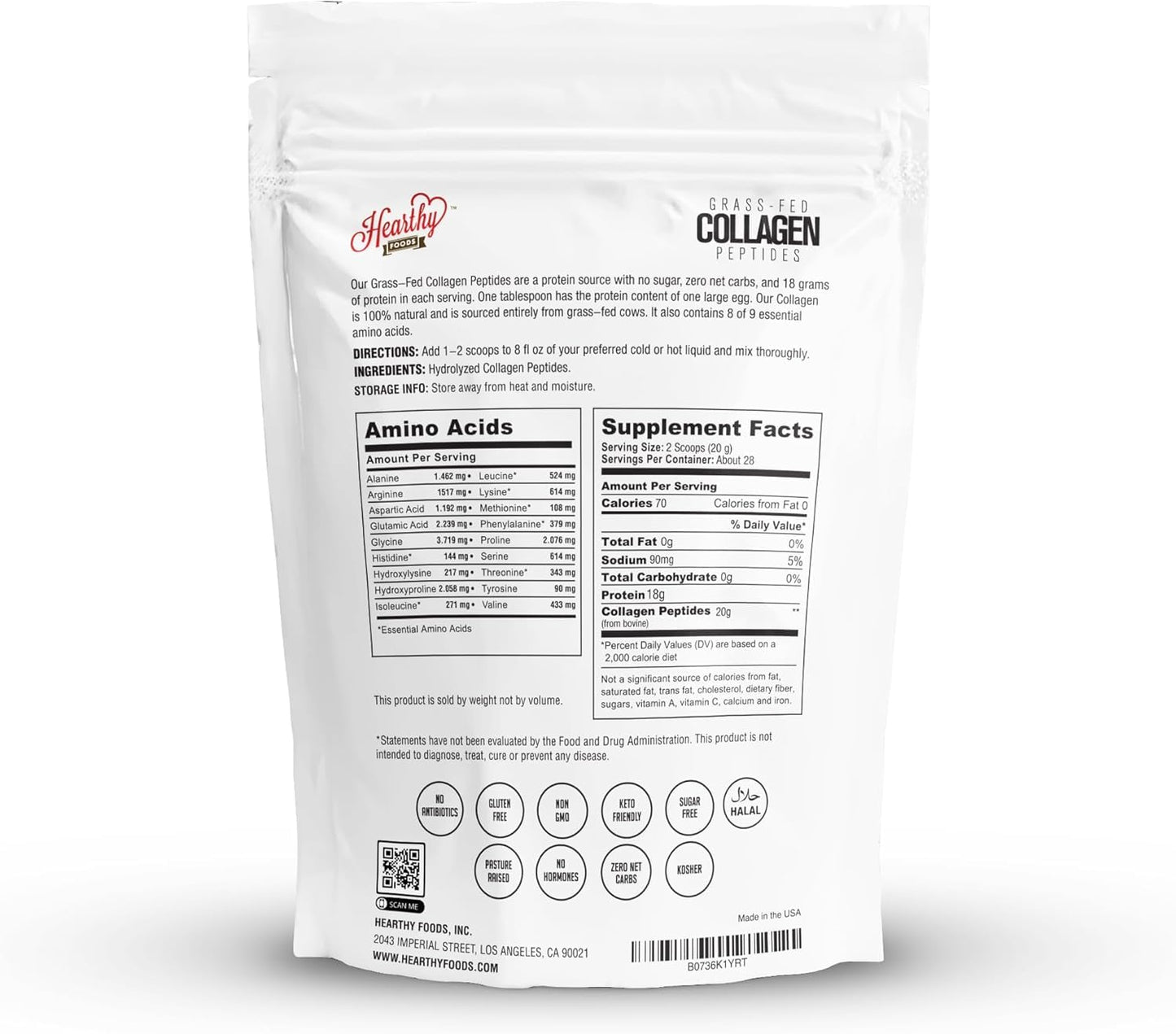 HEARTHY FOODS Collagen Powder 18g Protein - Halal, Grass-Fed, Organic, 16oz