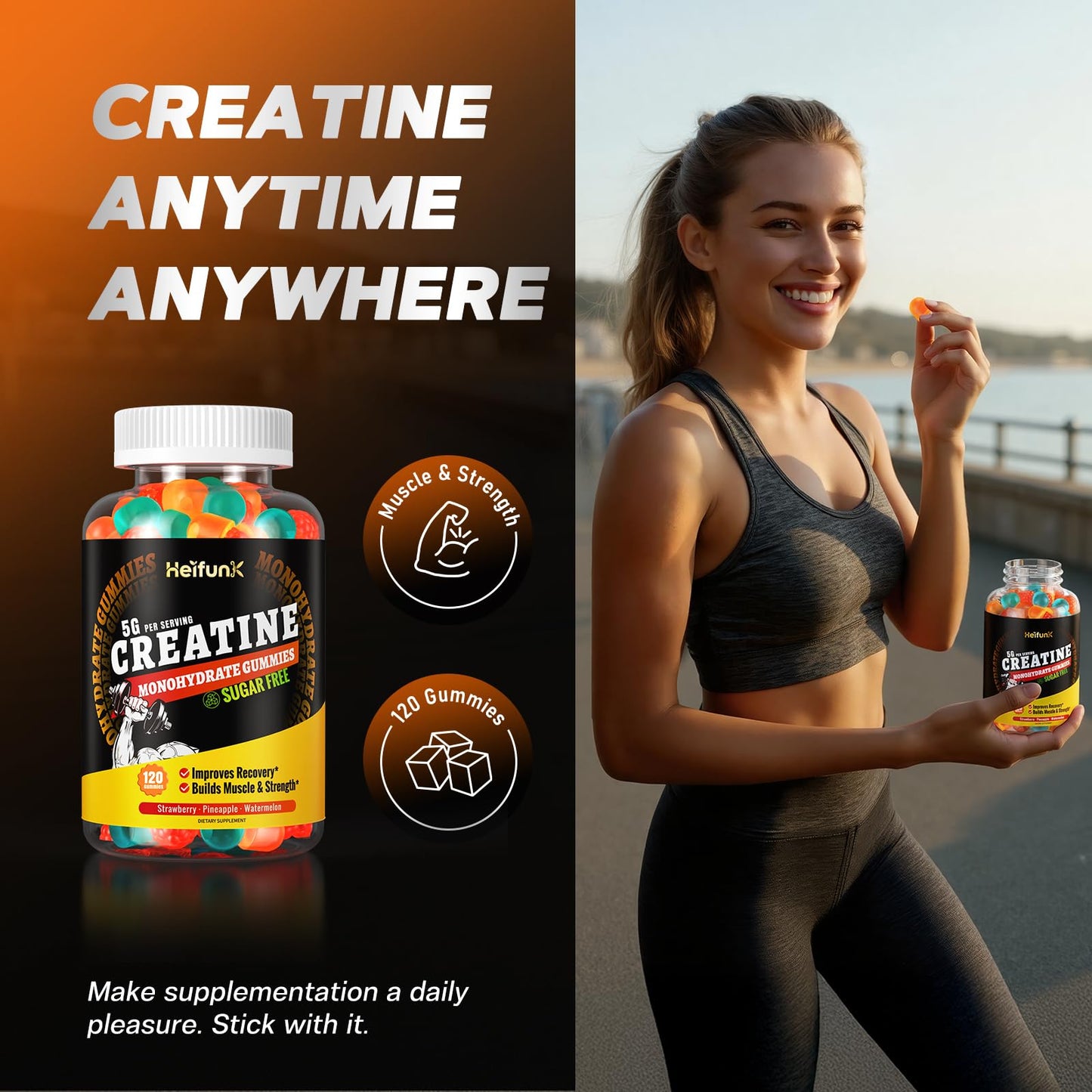 heifunk Creatine Monohydrate Gummies Sugar Free – 5000mg Per Serving, 120 Count, Vegan Pre-Workout