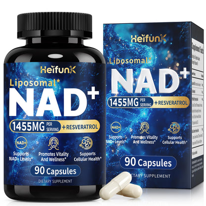 heifunk NAD+ Supplement | 1455mg Liposomal NAD+ with Resveratrol, CoQ10 & PQQ | 90 Vegan Capsules for Energy, Focus & Healthy Aging