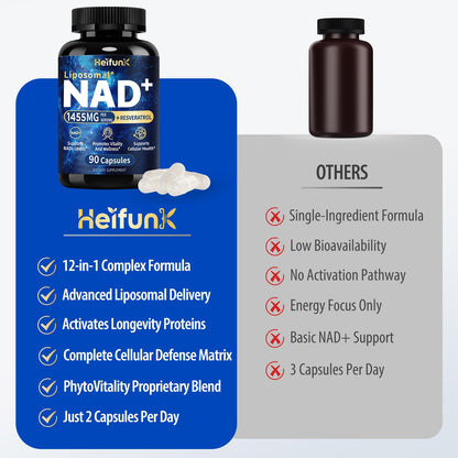 heifunk NAD+ Supplement | 1455mg Liposomal NAD+ with Resveratrol, CoQ10 & PQQ | 90 Vegan Capsules for Energy, Focus & Healthy Aging