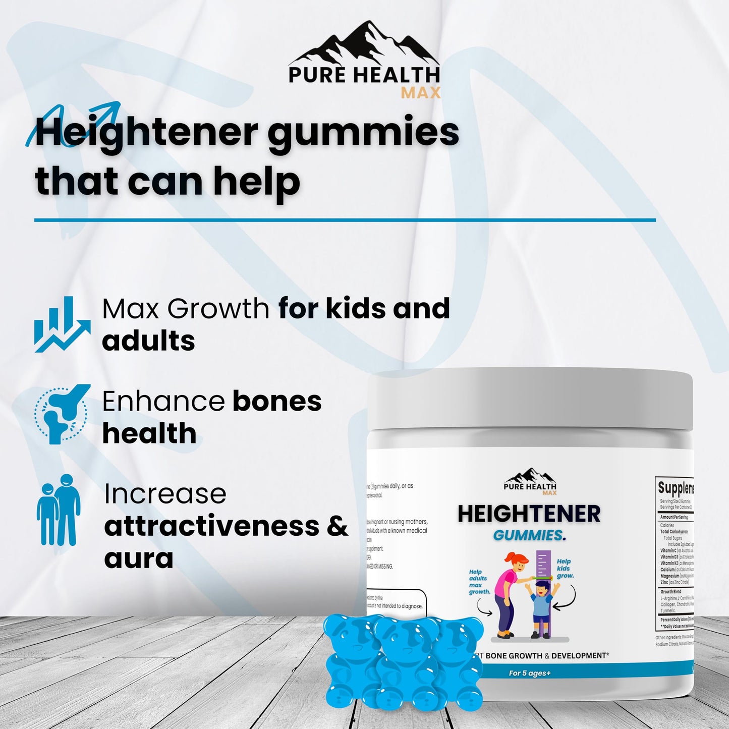PURE HEALTH MAX Heightener Gummies — Natural Height Growth Support for Kids, Teens & Adults | Calcium & Zinc + L-Arginine