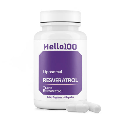 HELLO100 High Purity Liposomal Trans-Resveratrol Supplement - 250mg Capsule, 60 Vegan Capsules | 98% Purity