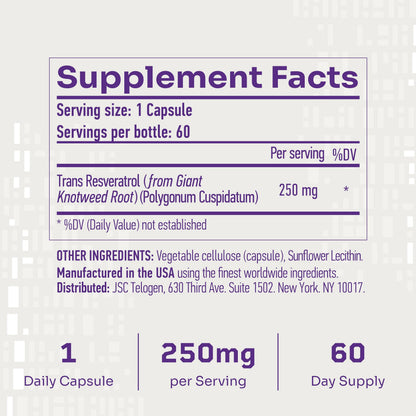 HELLO100 High Purity Liposomal Trans-Resveratrol Supplement - 250mg Capsule, 60 Vegan Capsules | 98% Purity