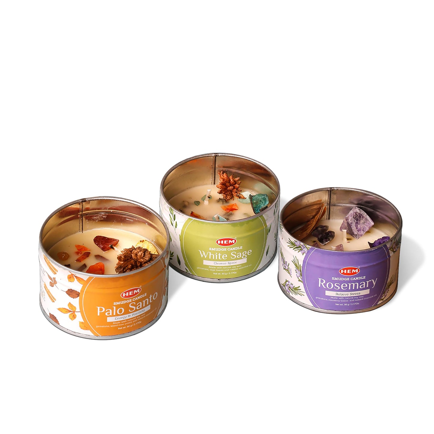 HEM Crystal Candle Gift Set - 3 Natural Soy Wax Candles (9.5 oz) | White Sage, Palo Santo & Rosemary - 65-Hour Burn