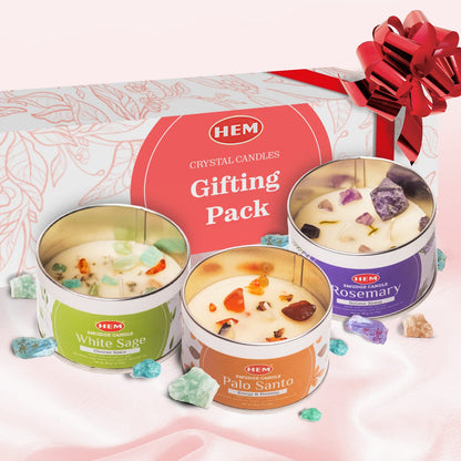 HEM Crystal Candle Gift Set - 3 Natural Soy Wax Candles (9.5 oz) | White Sage, Palo Santo & Rosemary - 65-Hour Burn