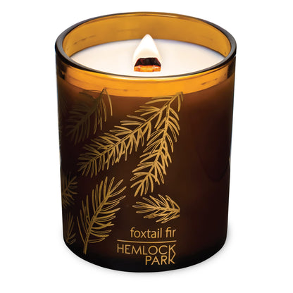 Hemlock Park Amber Gold Leaf Glass Wood Wick Candle – Natural Coconut Wax, 7.2 oz (Foxtail Fir)