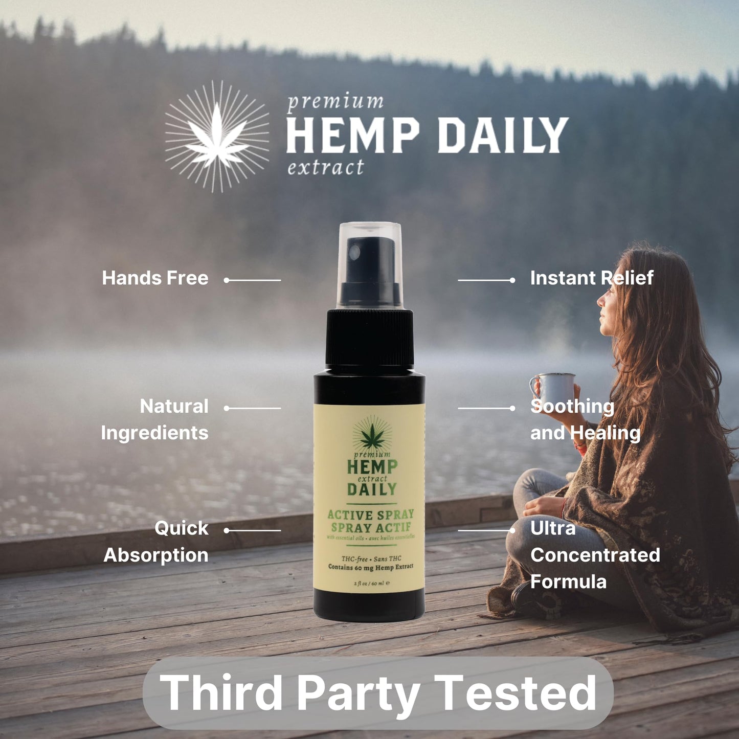 Hemp Daily Active Spray – Organic Hemp Oil with Essential Oils | 2 oz each | 3 Pack | Vegan & Cruelty-Free | THC-Free