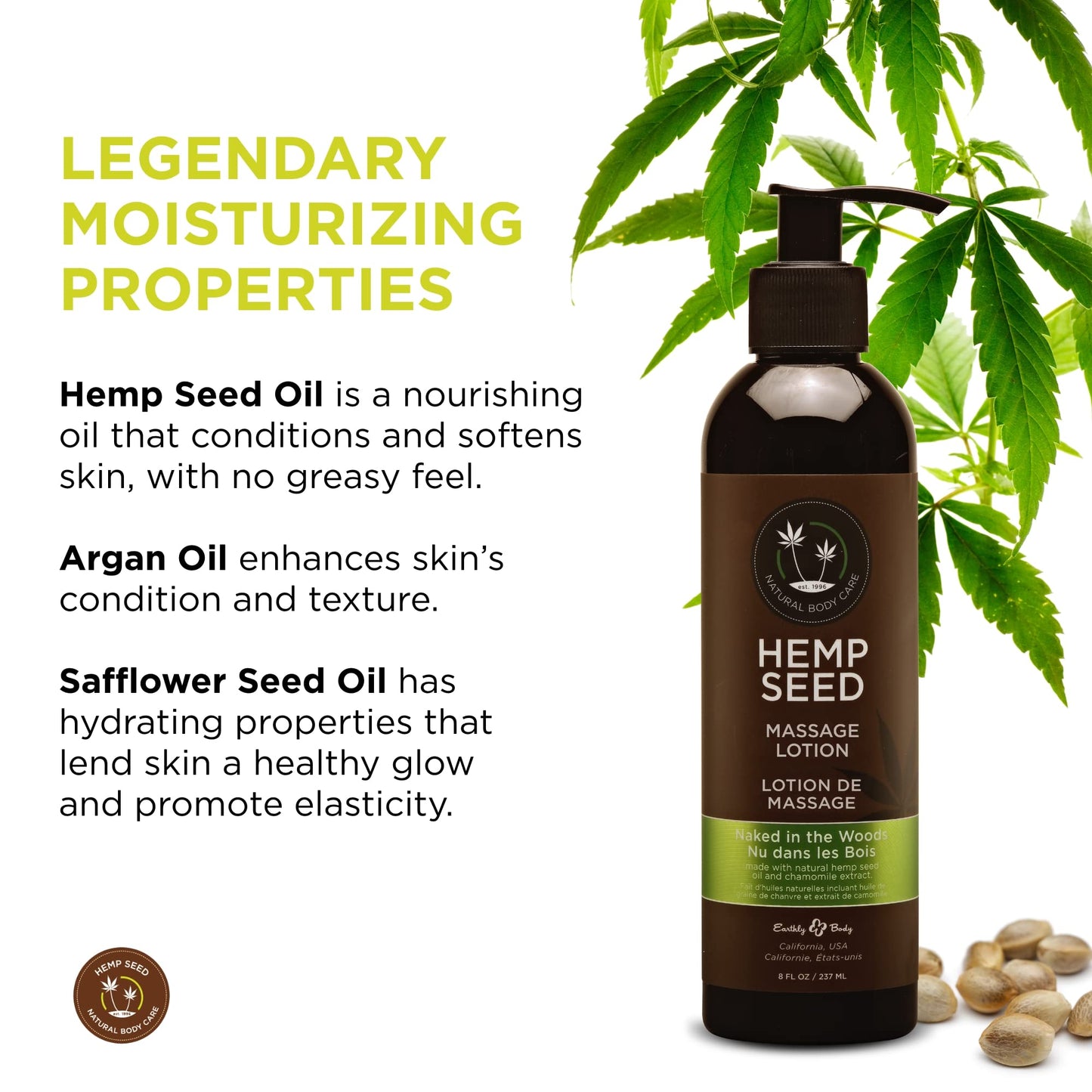 Hemp Seed Massage Lotion – Naked in The Woods (8 oz) – Vegan, Cruelty-Free