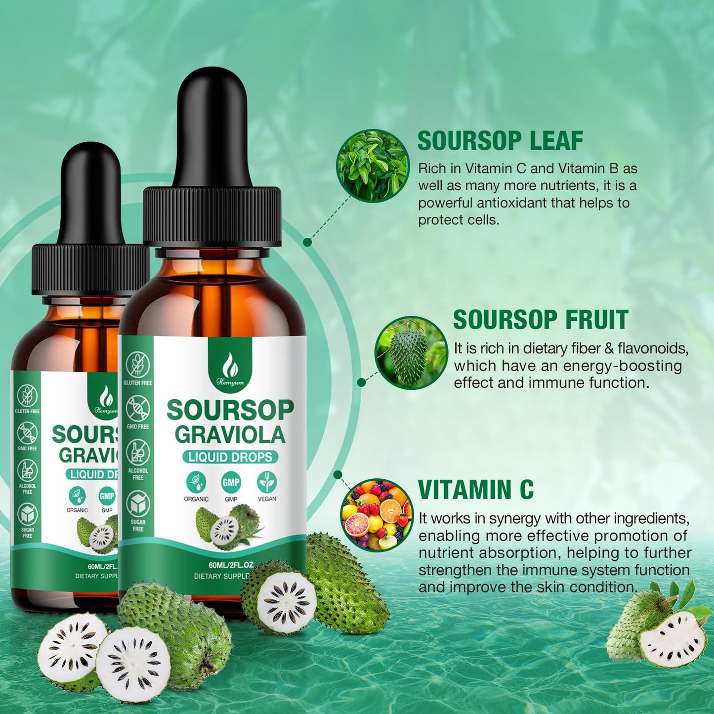 Hemyum Soursop Bitters Liquid (3 Pack) – 7-in-1 Graviola Drops with Organic Sea Moss, 6 oz (180 ml)