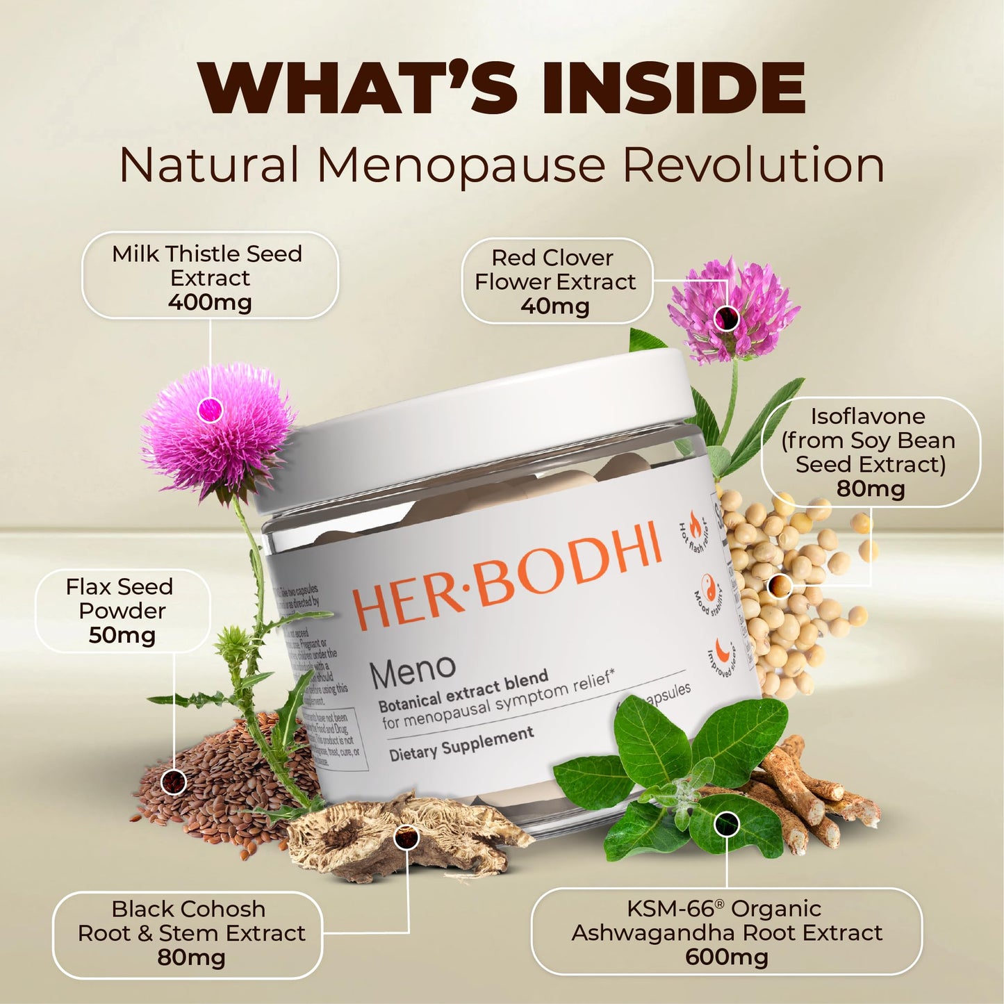 Her Bodhi MENO - Menopause Hormonal Balance Supplement for Women | Estrogen Soy Isoflavones, Ashwagandha, Holy Basil, Black Cohosh | 60 Capsules