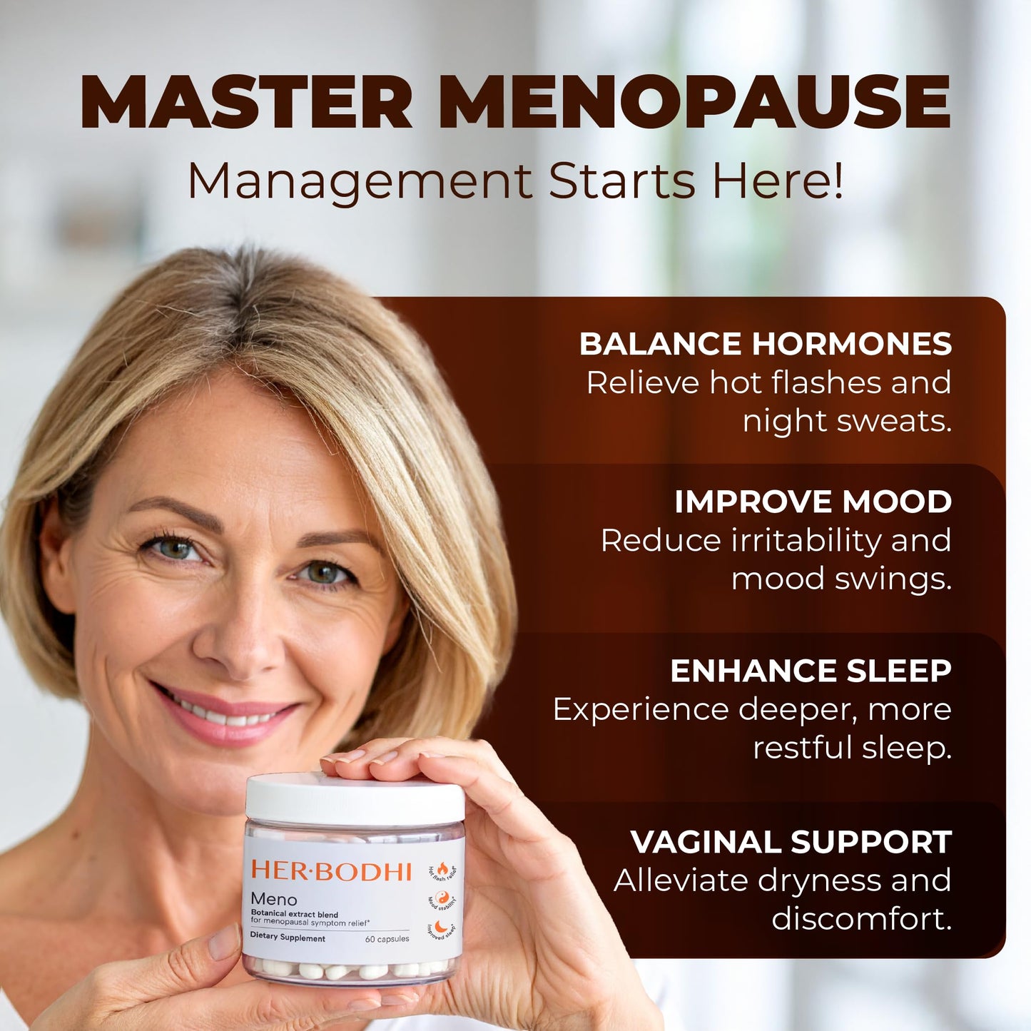 Her Bodhi MENO - Menopause Hormonal Balance Supplement for Women | Estrogen Soy Isoflavones, Ashwagandha, Holy Basil, Black Cohosh | 60 Capsules