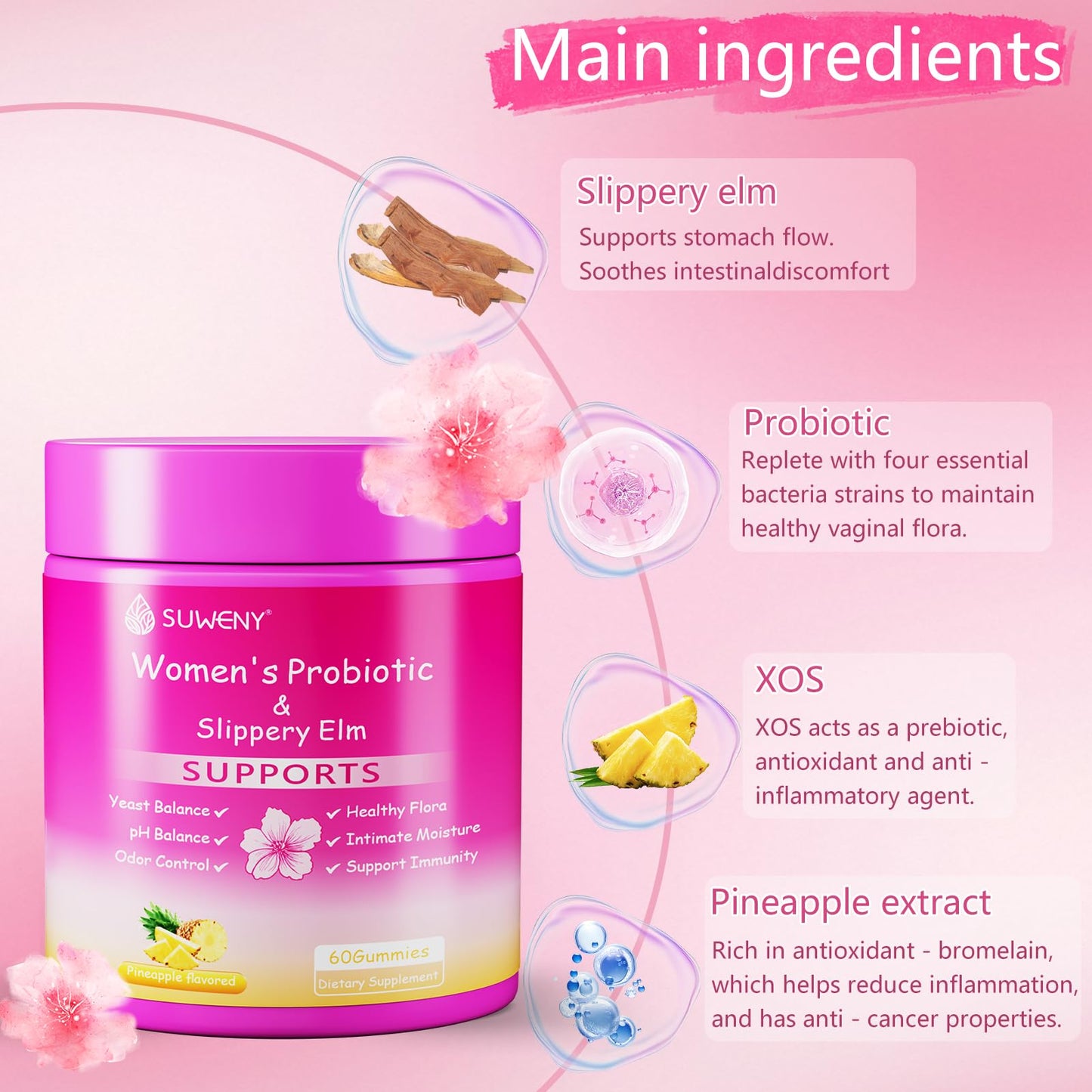 Her Juicy Feminine Probiotics Gummies – Supports pH Balance & Women's Health | Pineapple Flavor, 60 Gummies