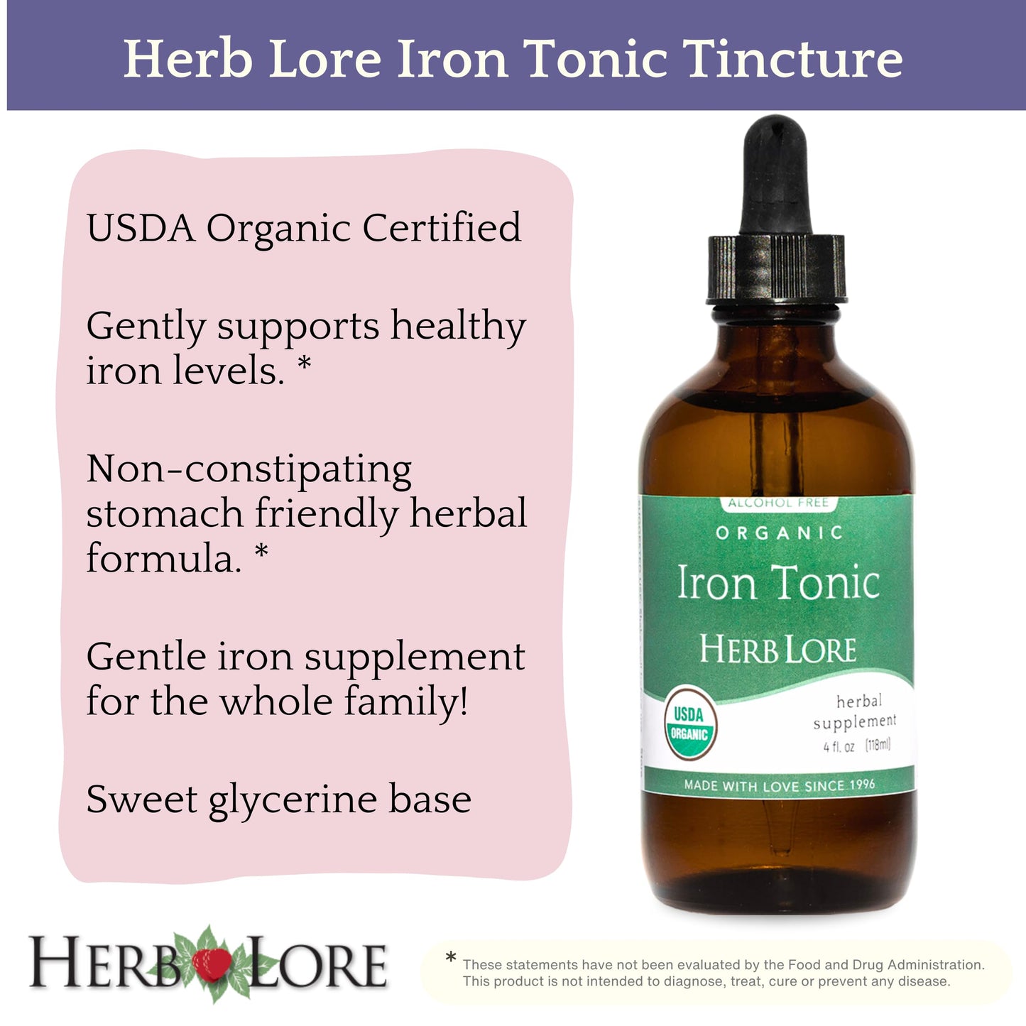 Herb Lore Iron Tonic - Organic Liquid Iron Drops for Kids & Women (4 fl oz) - Plant-Based & Vegan