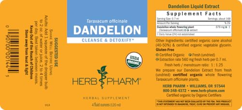 Herb Pharm Certified Organic Dandelion Liquid Extract – Detox & Cleansing, 4 oz