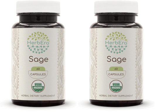 HerbEra Sage USDA Organic 60 Capsules | Natural Herbal Supplement | Certified Organic Sage (Salvia officinalis) Dried Leaf – Pack of 2