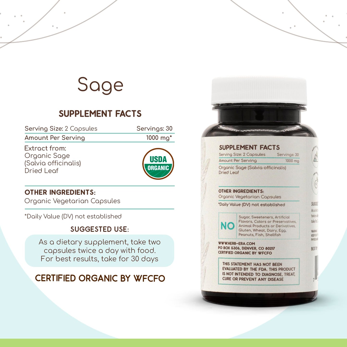 HerbEra Sage USDA Organic 60 Capsules | Natural Herbal Supplement | Certified Organic Sage (Salvia officinalis) Dried Leaf – Pack of 2