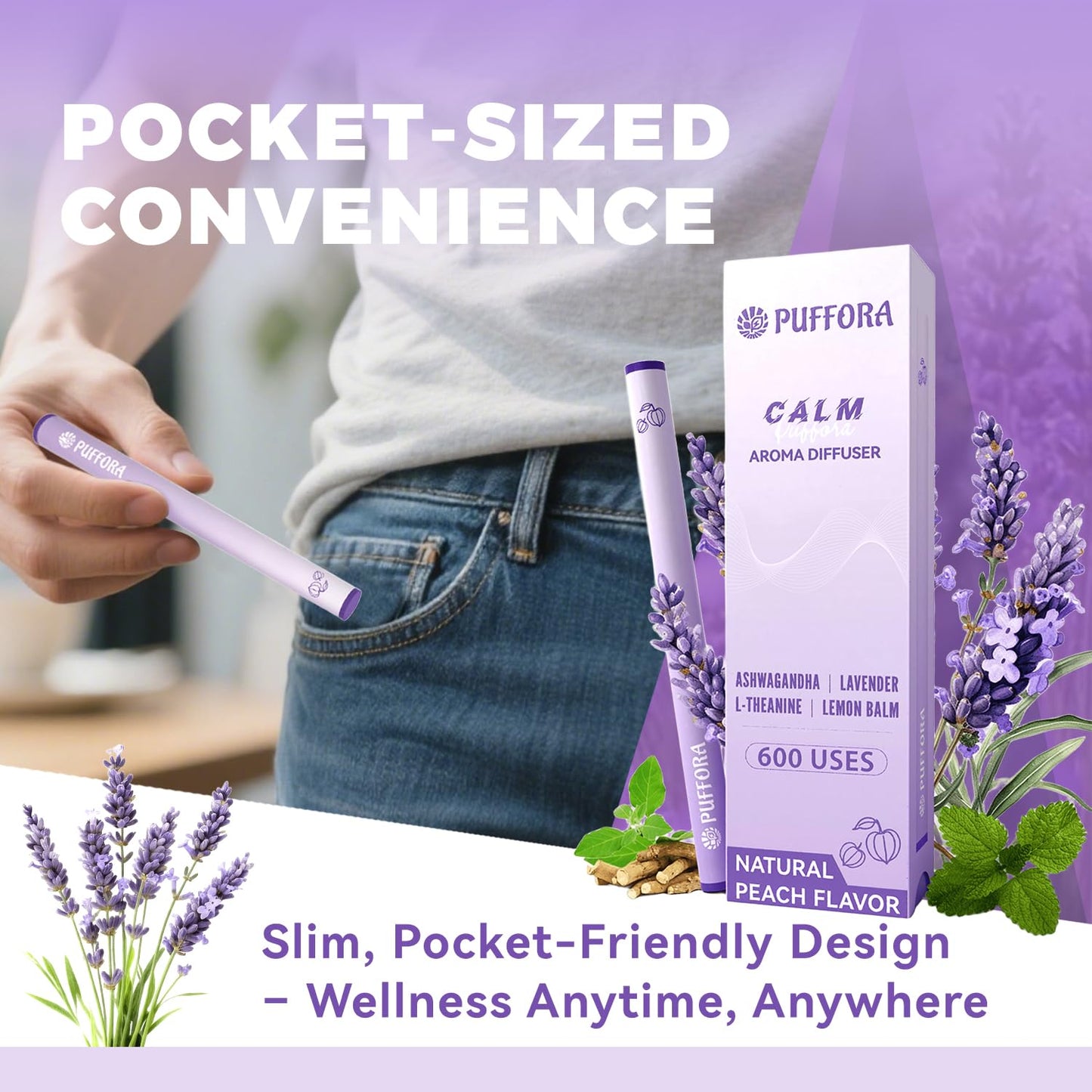 Herbal Diffuser Pen - Plant-Based Calm with Ashwagandha, Lavender, L-Theanine & B Vitamins | 600 Uses