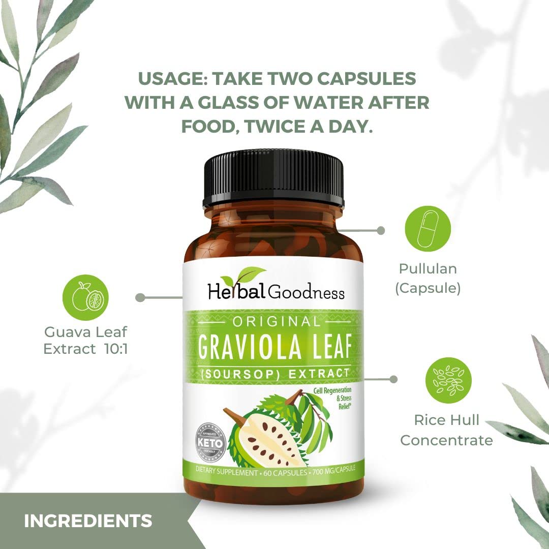 Herbal Goodness Graviola Soursop Capsules 700mg | Organic Non-GMO Guanabana (Guanabana) 60 Count