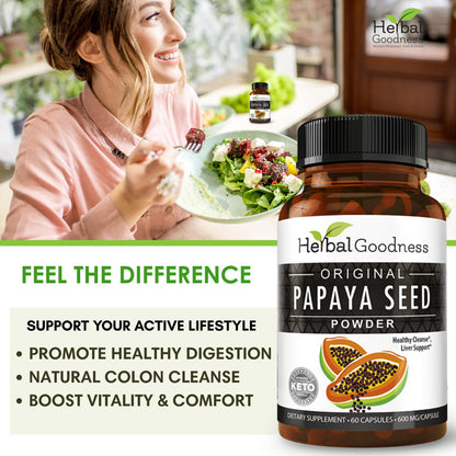 Herbal Goodness Papaya Seeds Powder Capsules – 600mg x 60, Organic Papain Enzymes for Digestion
