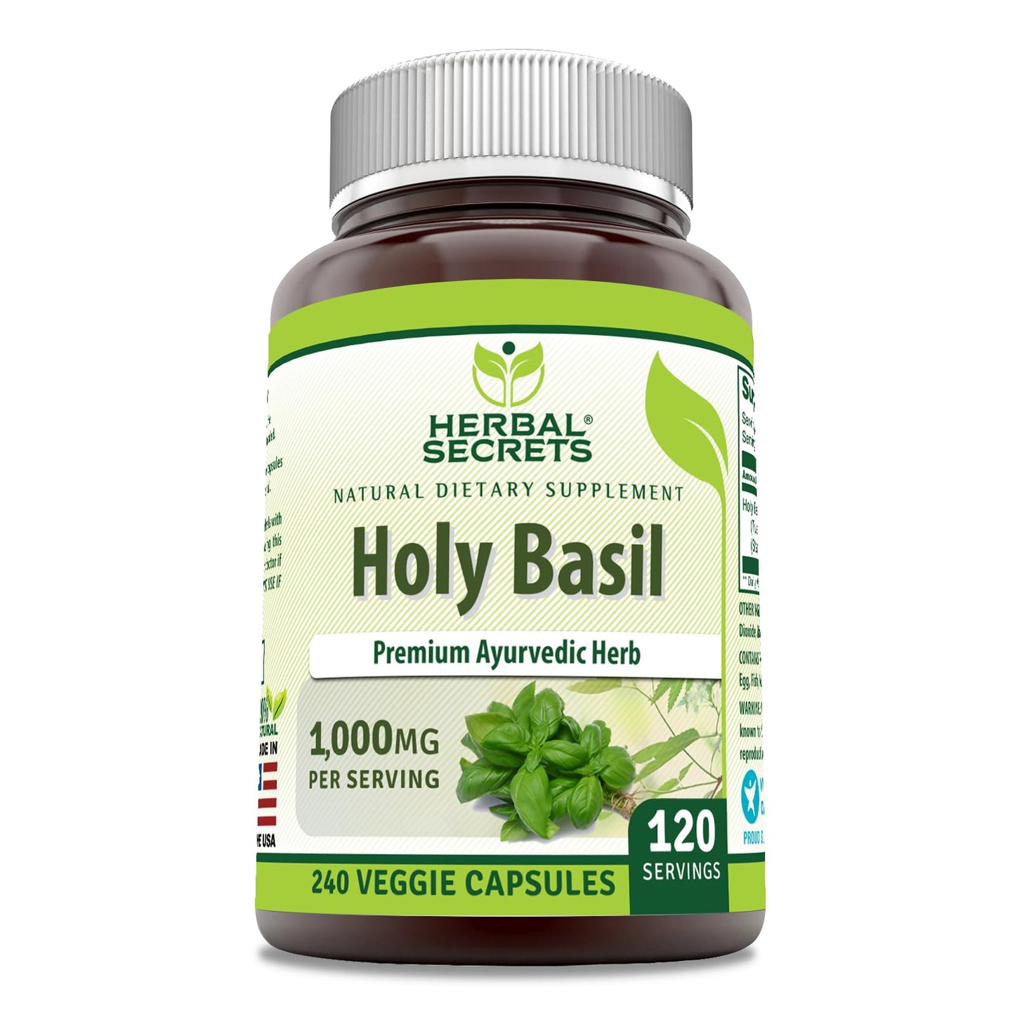 Herbal Secrets Holy Basil Supplement - 1000 mg per Serving | 240 Veggie Capsules | Non-GMO | Gluten Free | Made in USA