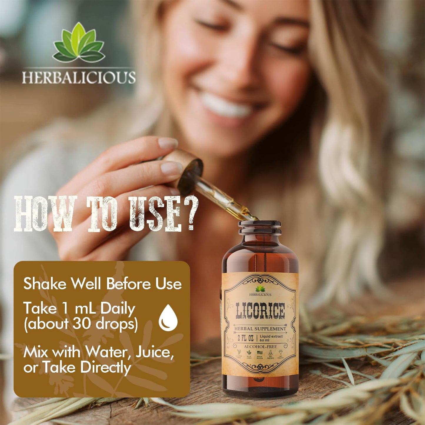 HERBALICIOUS Licorice Root Extract – Organic Liquid Herbal Extract, 2 oz | Vegan, Non-GMO, Gluten-Free