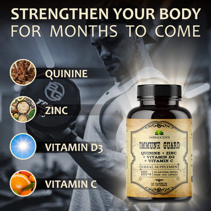 HERBALICIOUS Quinine Immune Guard | Quinine Capsules with Vitamin C, D3 & Zinc – 60 Capsules